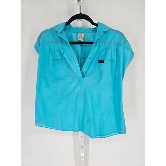 Vintage 1980s Heres a Hug Womens Sz L Short Sleeve Blouse Blue - Picture 1 of 4